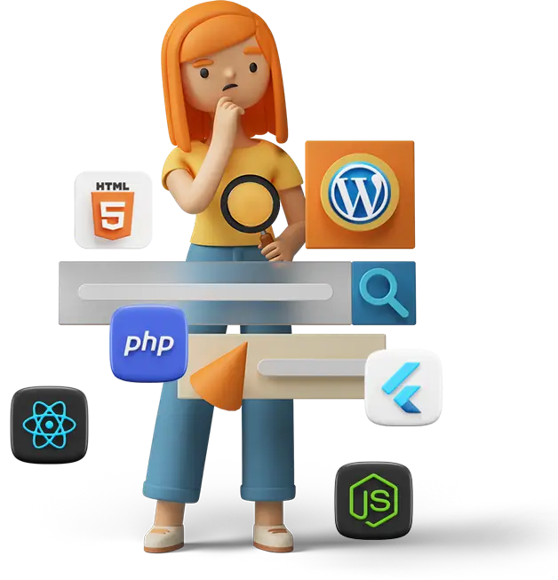 3D developer with web technology icons